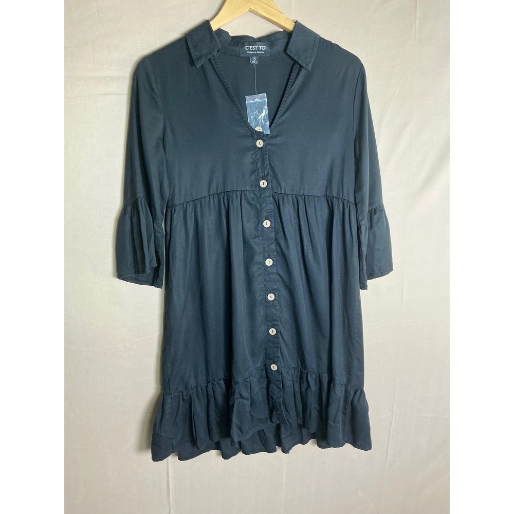 C'est Toi Womens Black Button Down‎ Babydoll Mini Dress Ruffle Sleeve DR1102